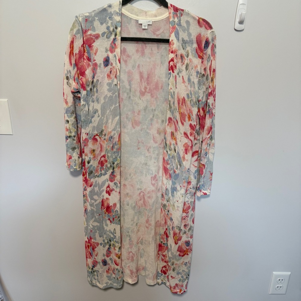J. Jill Floral Linen Blend Duster Cardigan Womens Pink Blue Small Longline Knit